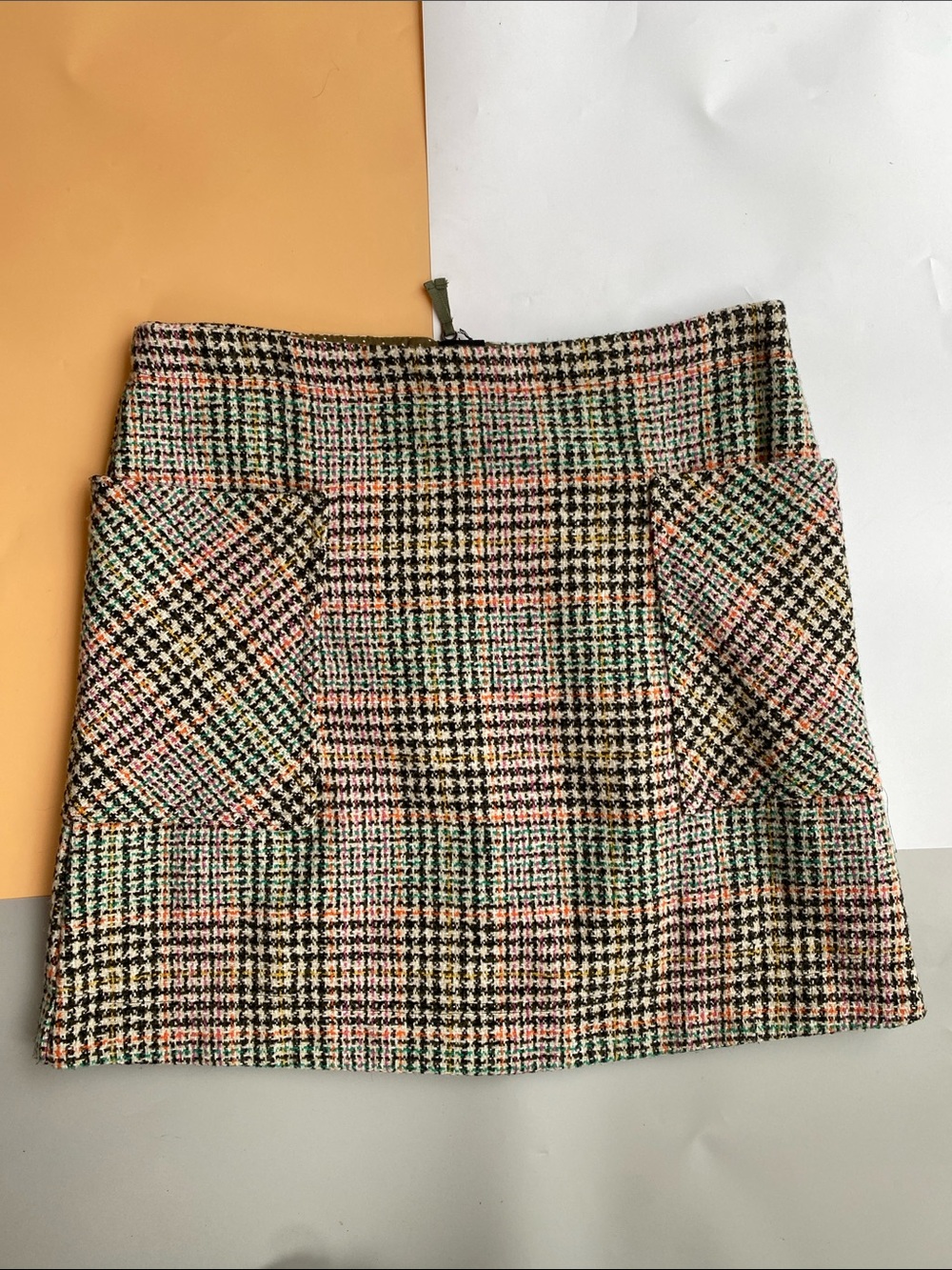 Maeve Anthropologie Pastel Plaid Tweed Mini Skirt in Pink, Mint & Black